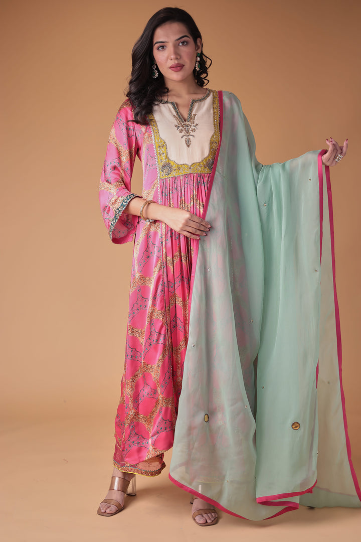 Printed Anarkali Satin Silk Suit with Embellished work