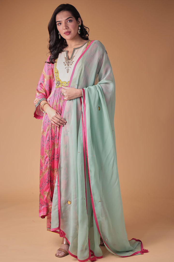 Printed Anarkali Satin Silk Suit with Embellished work