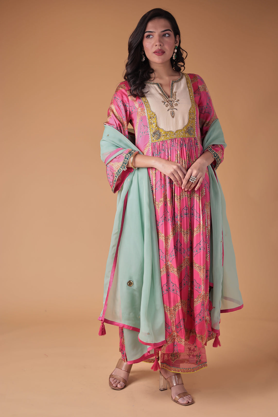 Printed Anarkali Satin Silk Suit with Embellished work