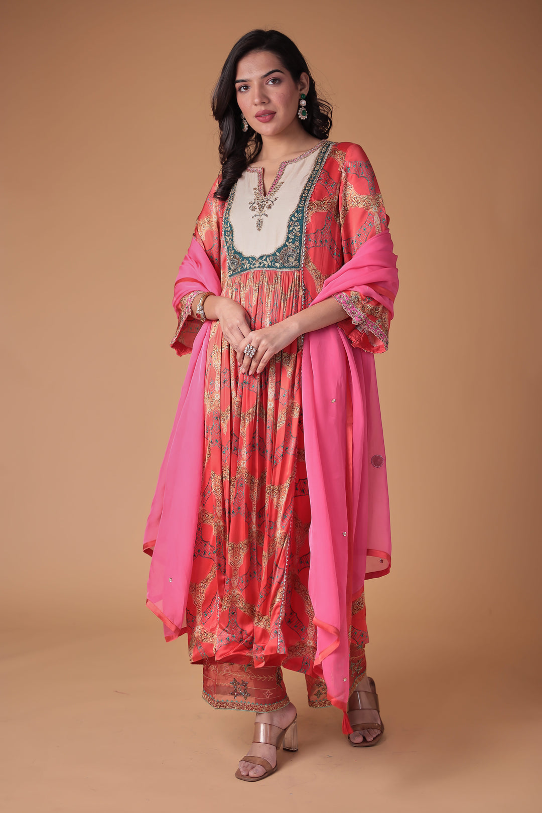 Printed Anarkali Satin Silk Suit with Embellished work