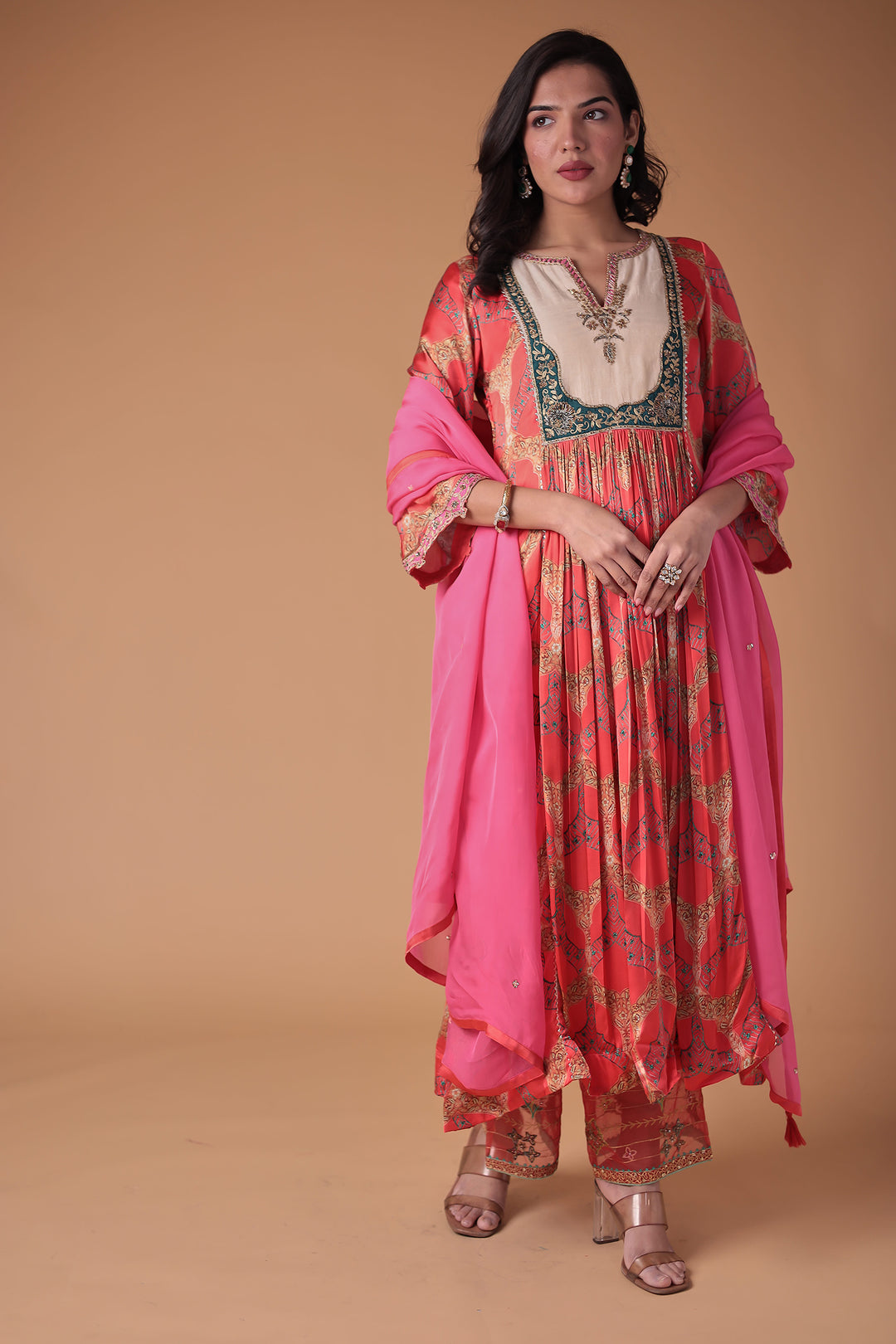 Printed Anarkali Satin Silk Suit with Embellished work