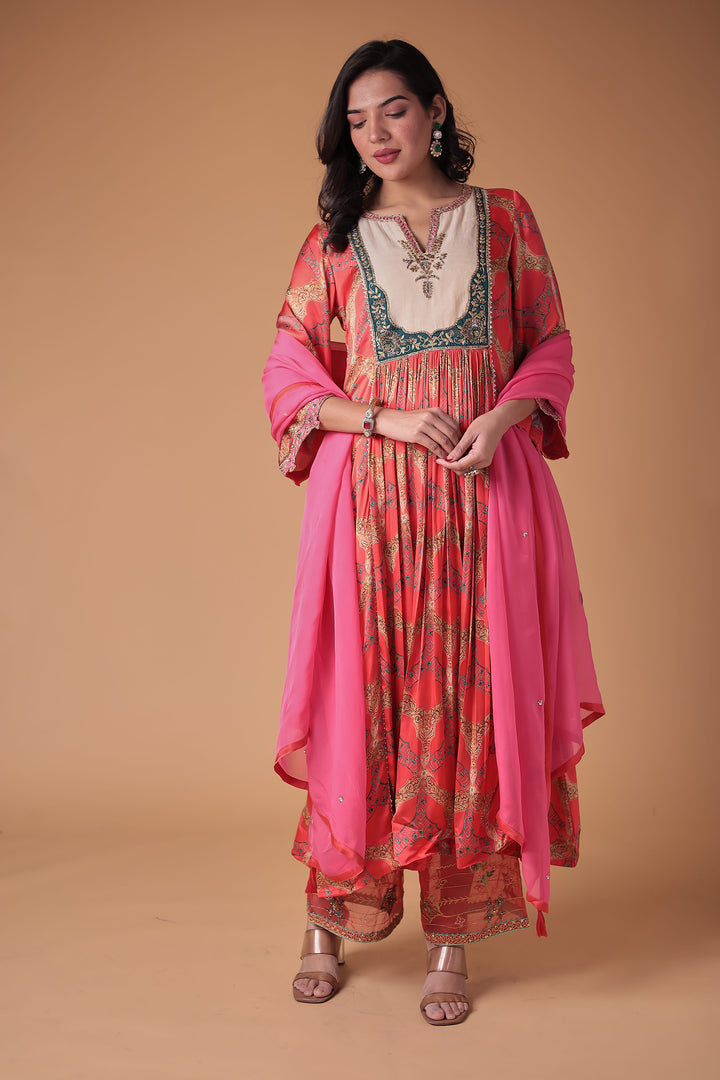 Printed Anarkali Satin Silk Suit with Embellished work