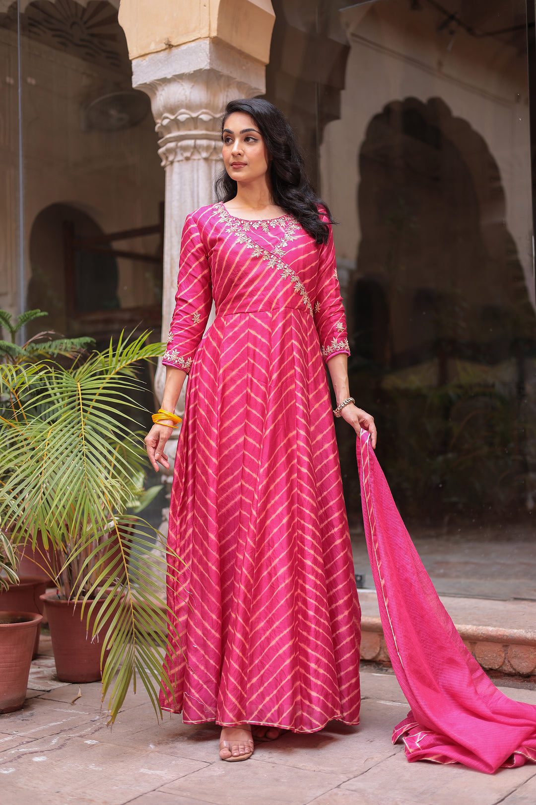 Leheriya Anarkali Chanderi Suit Embroidered with Zardozi work