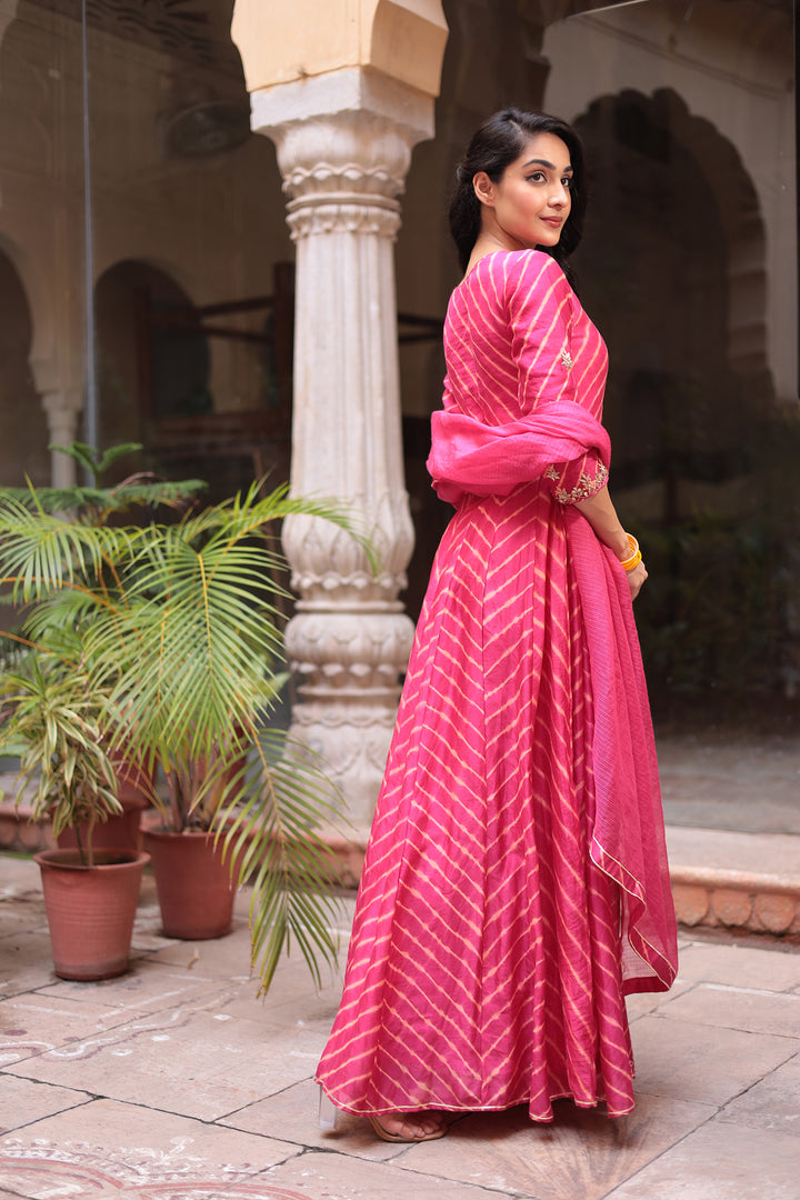 Leheriya Anarkali Chanderi Suit Embroidered with Zardozi work