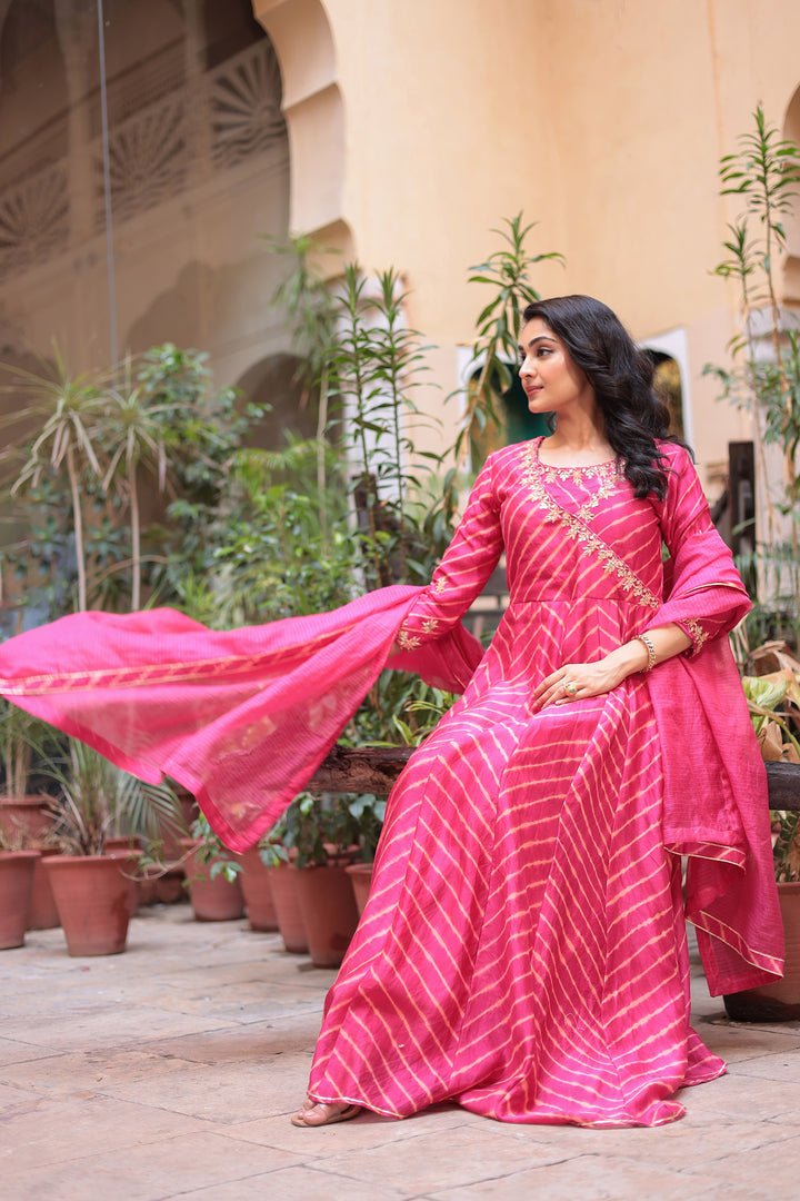 Leheriya Anarkali Chanderi Suit Embroidered with Zardozi work