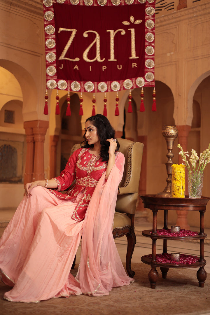 Silk Peplum Suit Embroidered with Gota Patti and Zardozi work