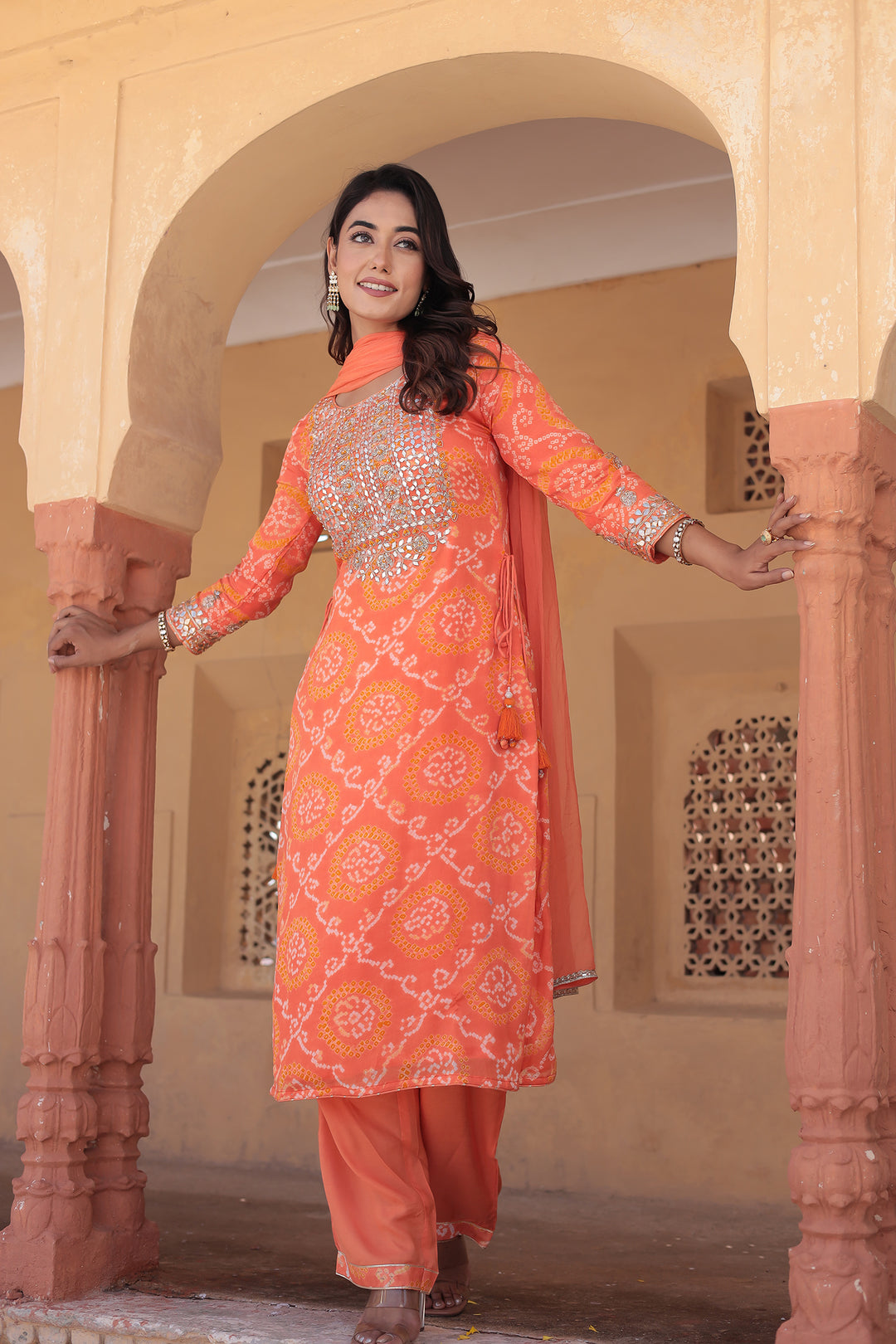 bandhej suit, georgette suit, gota patti suit, embroidered suit, straight suit