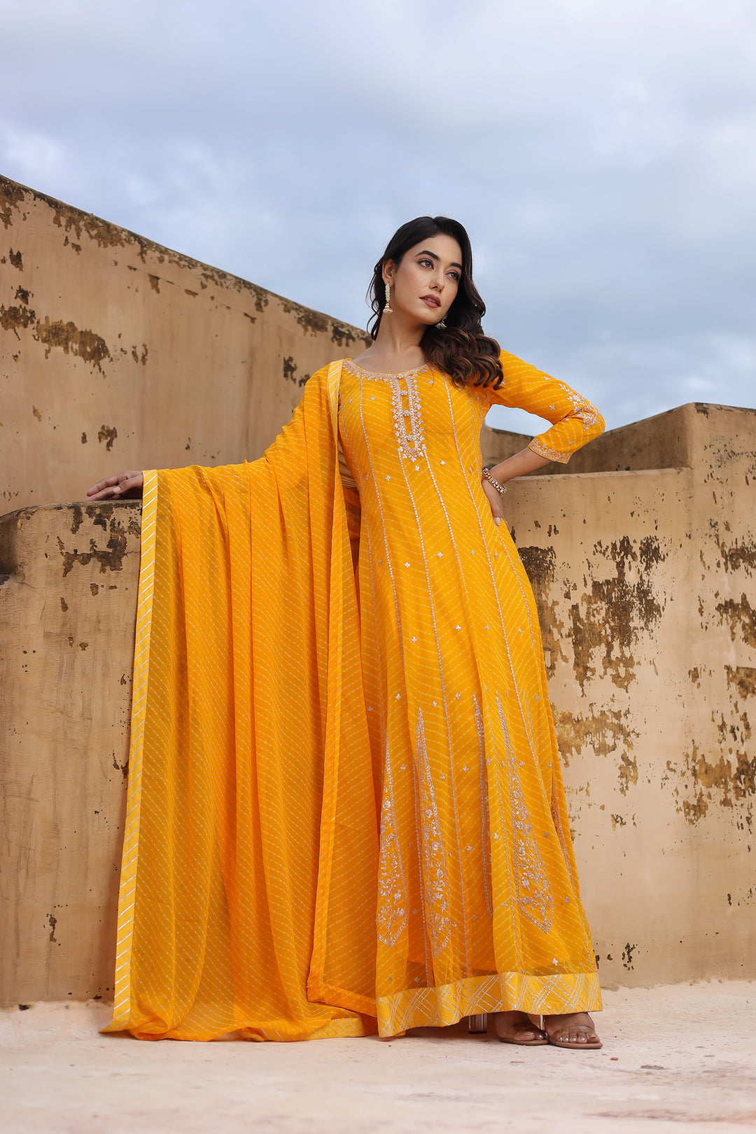 georgette suit, mothra suit, leheriya suit, anarkali suit, festive suit, haldi suit