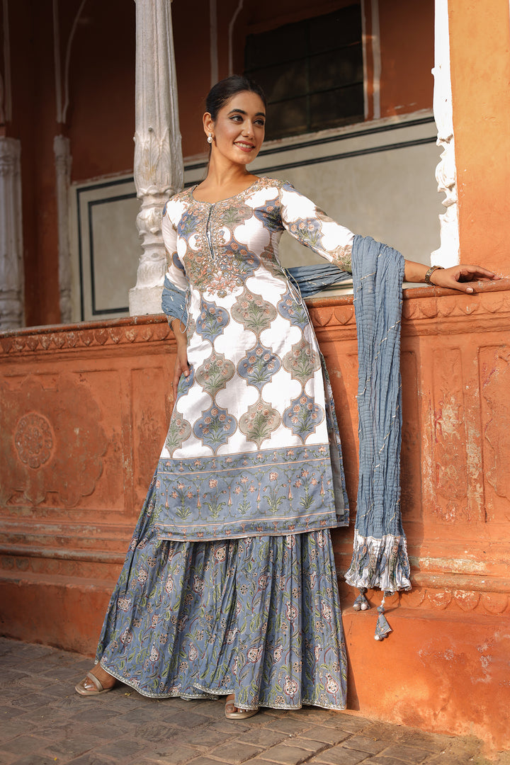 Printed Chanderi Suit with Zardozi and Embroidered work