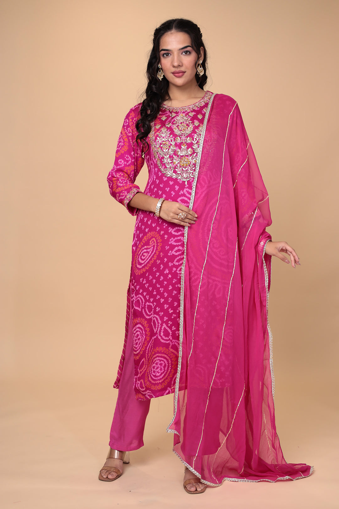 Bandhej suit, festive suit, embroidered suit, wedding suit, straight suit, gota patti suit