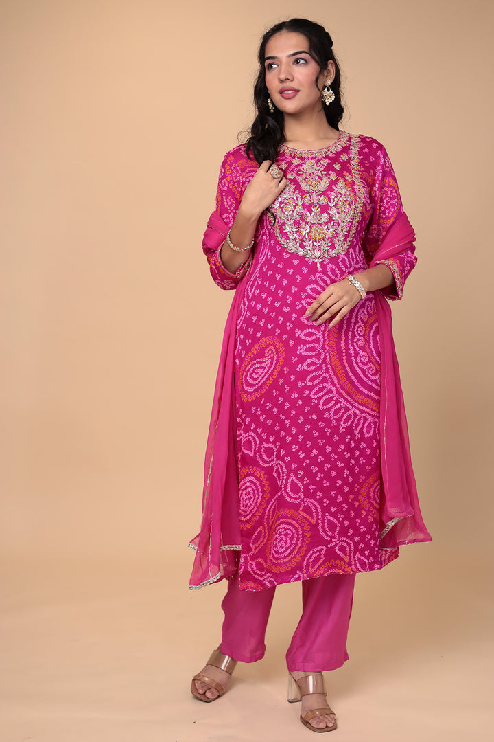 Bandhej Georgette Suit Embroidered with Gota Patti work