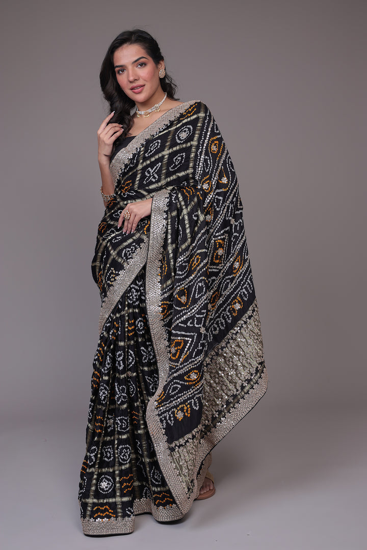 Bandhej Black Ghatchola Silk Saree with Gota Patti work