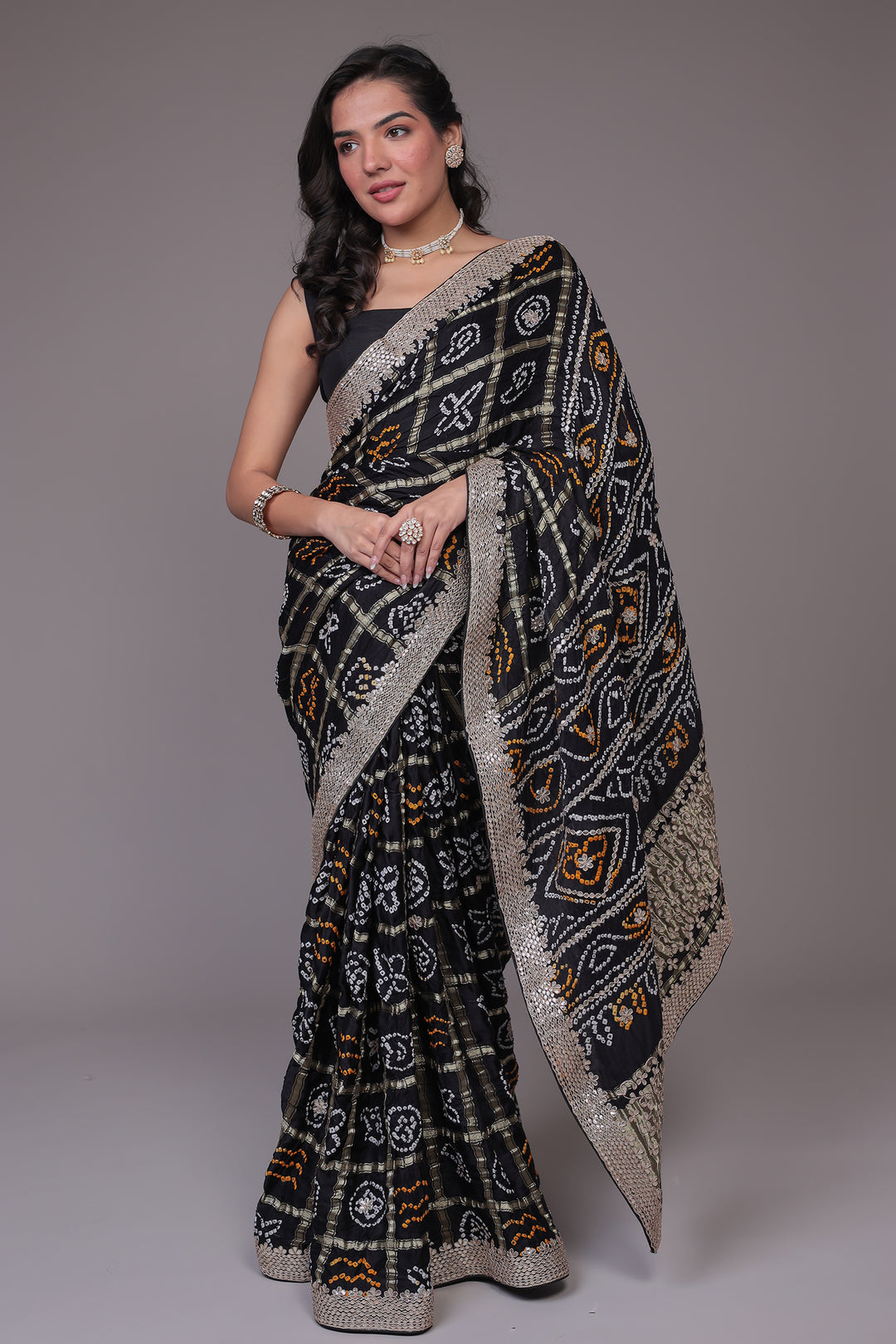 Bandhej Black Ghatchola Silk Saree with Gota Patti work