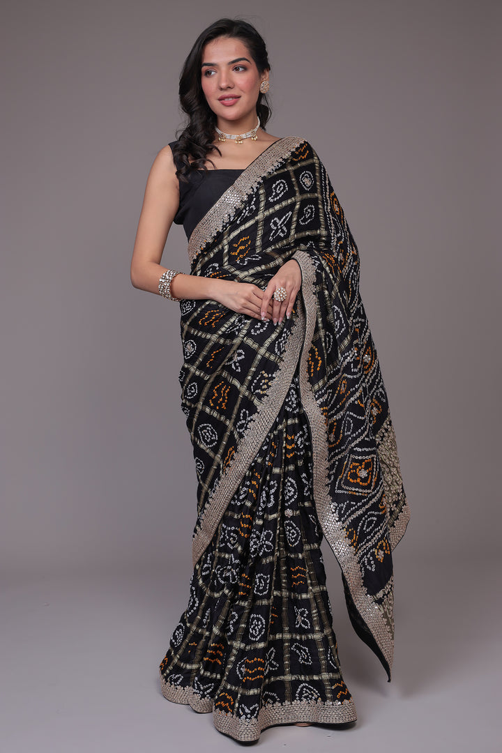 Bandhej Black Ghatchola Silk Saree with Gota Patti work