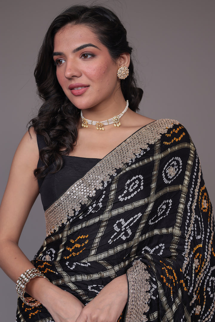 Bandhej Black Ghatchola Silk Saree with Gota Patti work