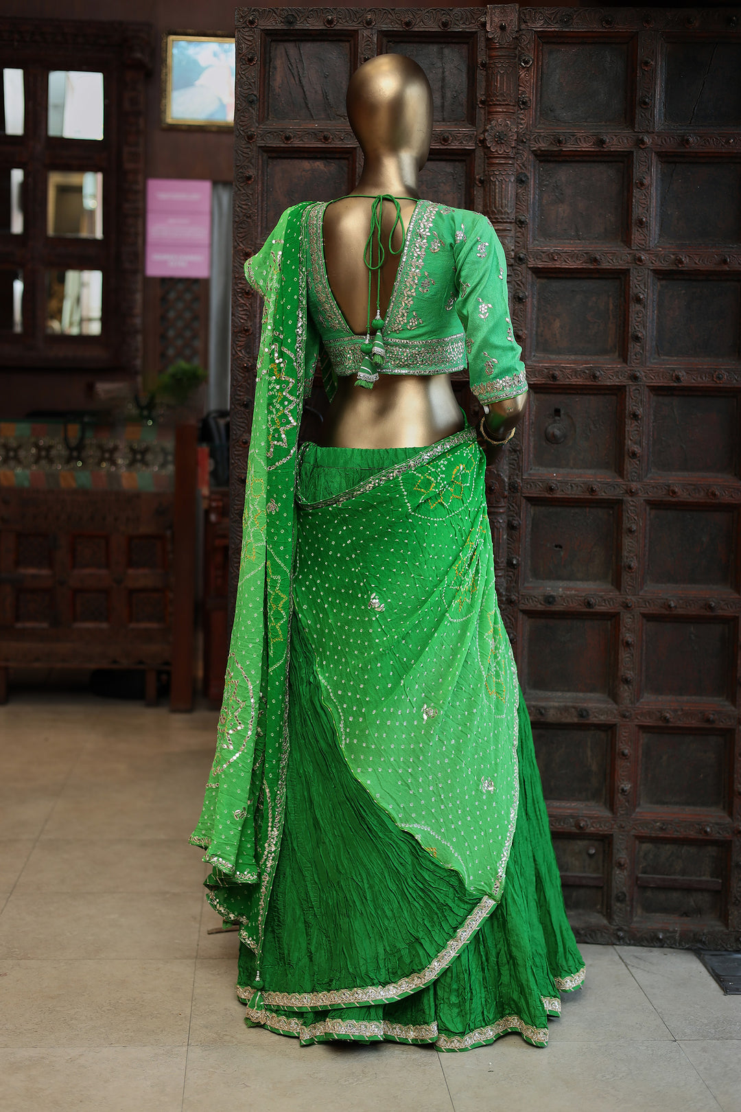 Green Bandhej Silk Lehenga Choli for Bride with Gota Patti Work | Zari Jaipur