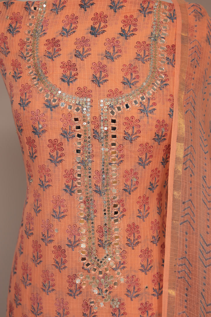 Printed Mulmul Unstitched Suit with Mirror and Thread work