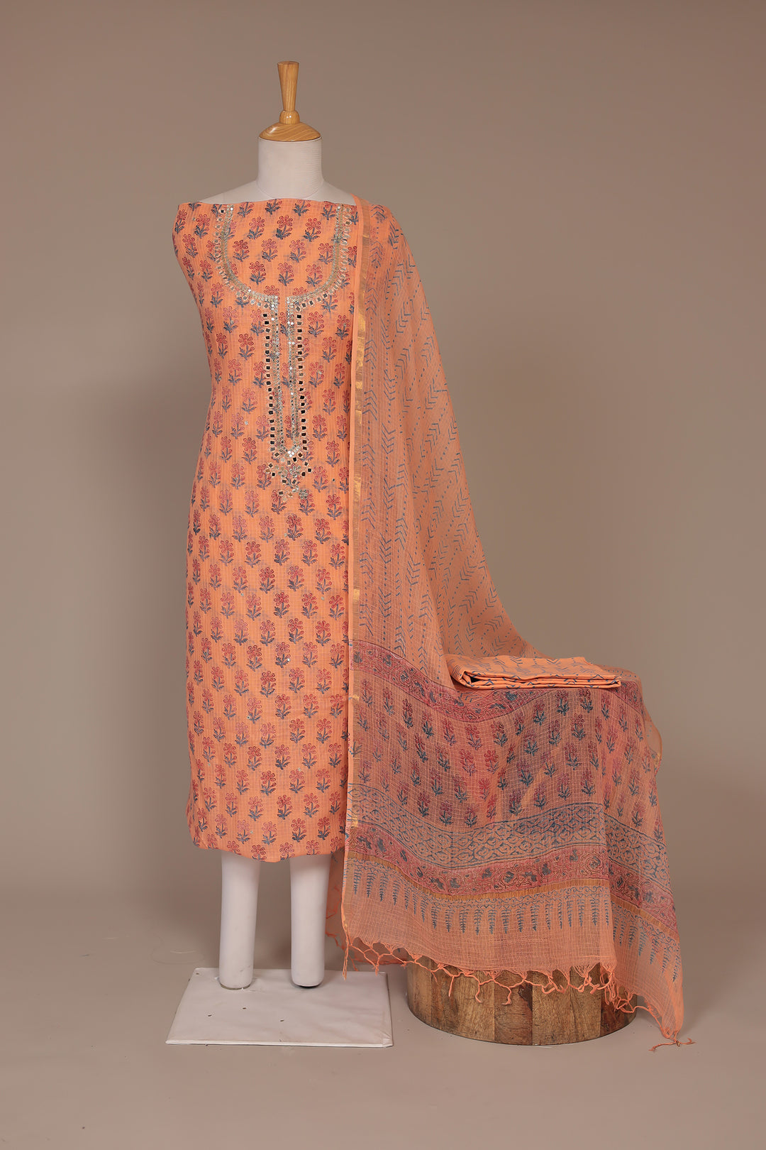 Printed Mulmul Unstitched Suit with Mirror and Thread work