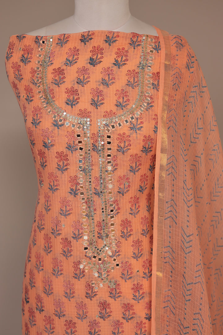 Printed Mulmul Unstitched Suit with Mirror and Thread work