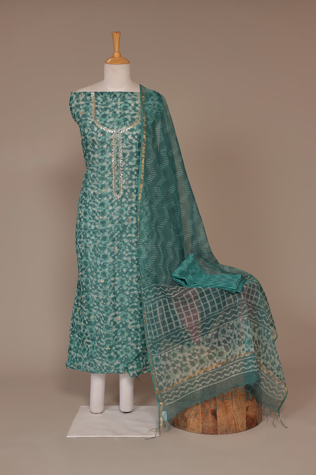 Printed Kota Doria Unstitched Suit with Gota Patti work