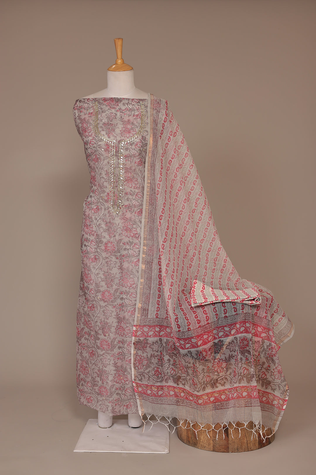 Printed Kota Doria Unstitched Suit with Gota Patti work