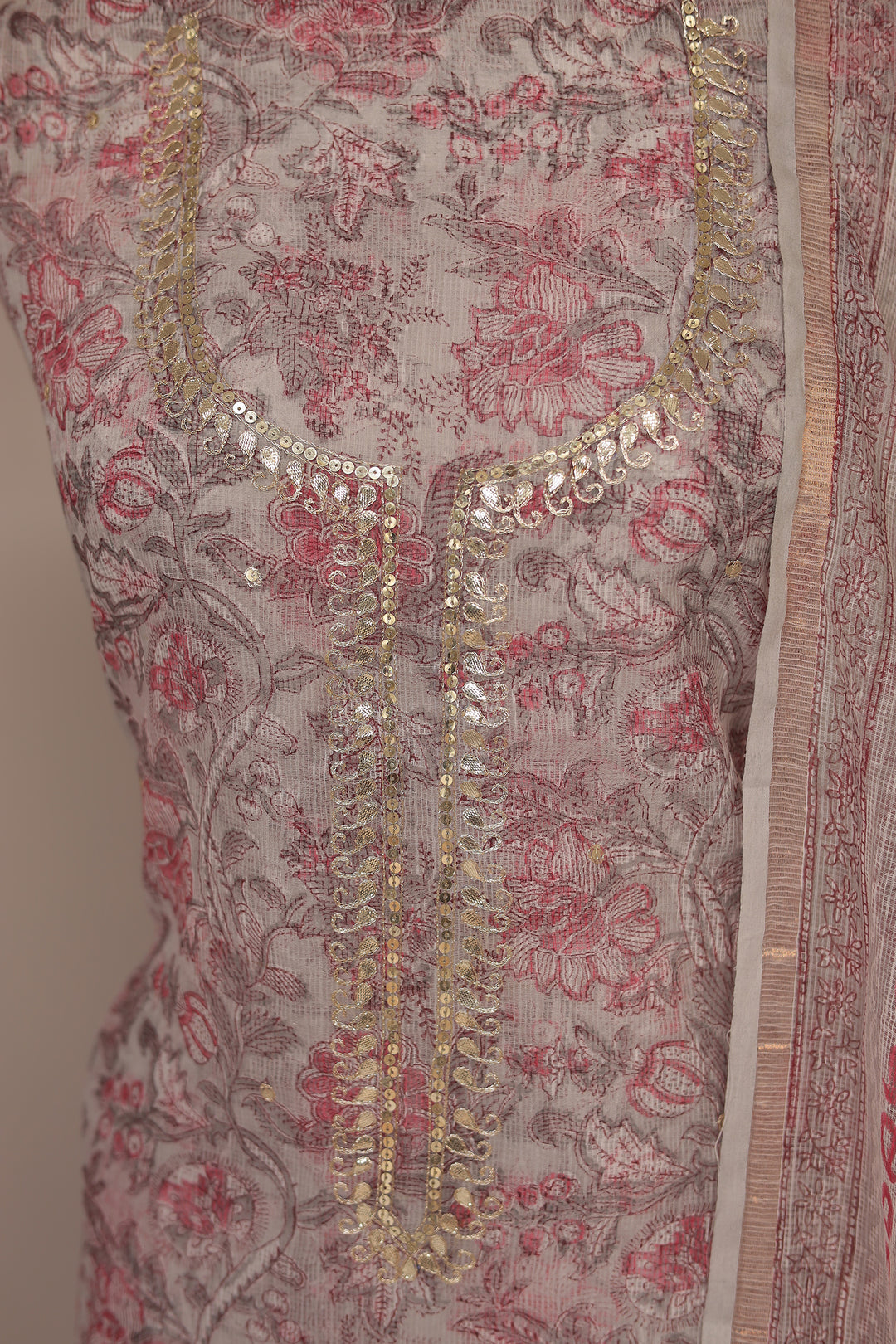 Printed Kota Doria Unstitched Suit with Gota Patti work