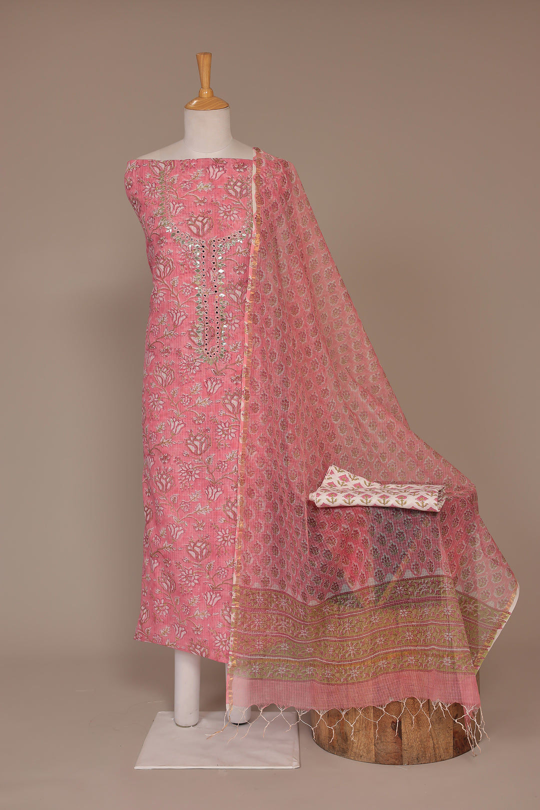 Printed Kota Doria Unstitched Suit with Gota Patti and Mirror work