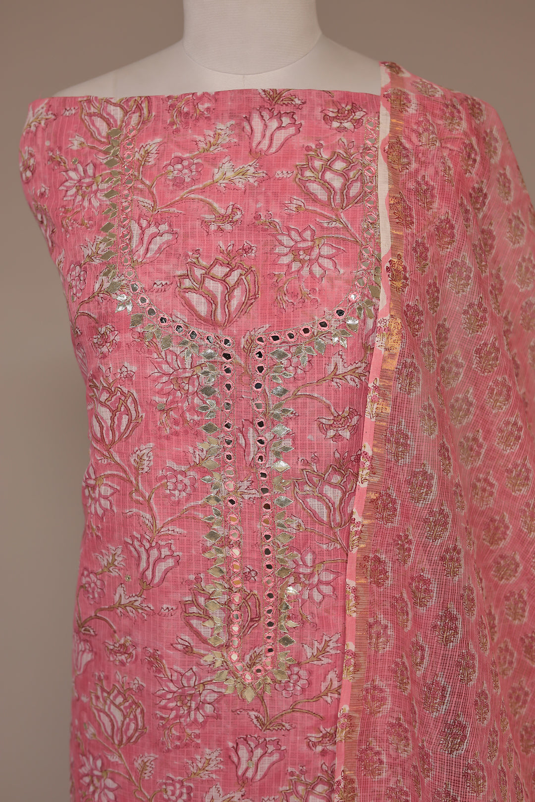 Printed Kota Doria Unstitched Suit with Gota Patti and Mirror work