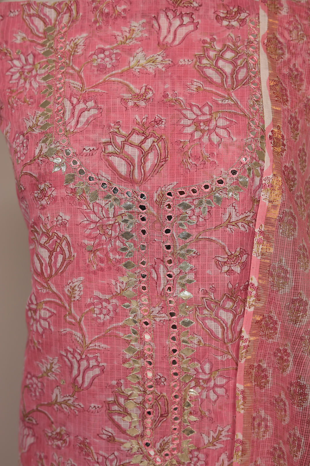 Printed Kota Doria Unstitched Suit with Gota Patti and Mirror work