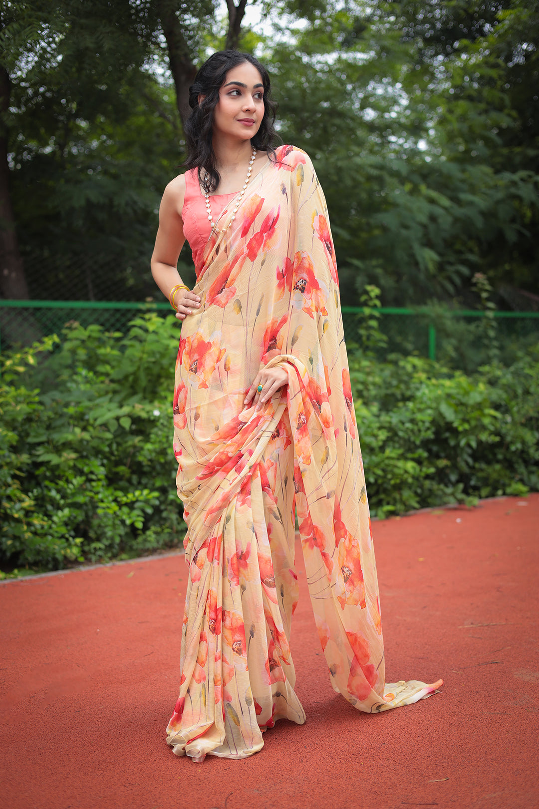 chiffon saree, summer saree, printed saree, floral print saree,