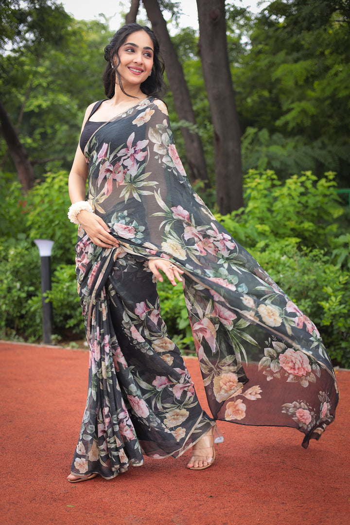 Floral Printed Chiffon Saree