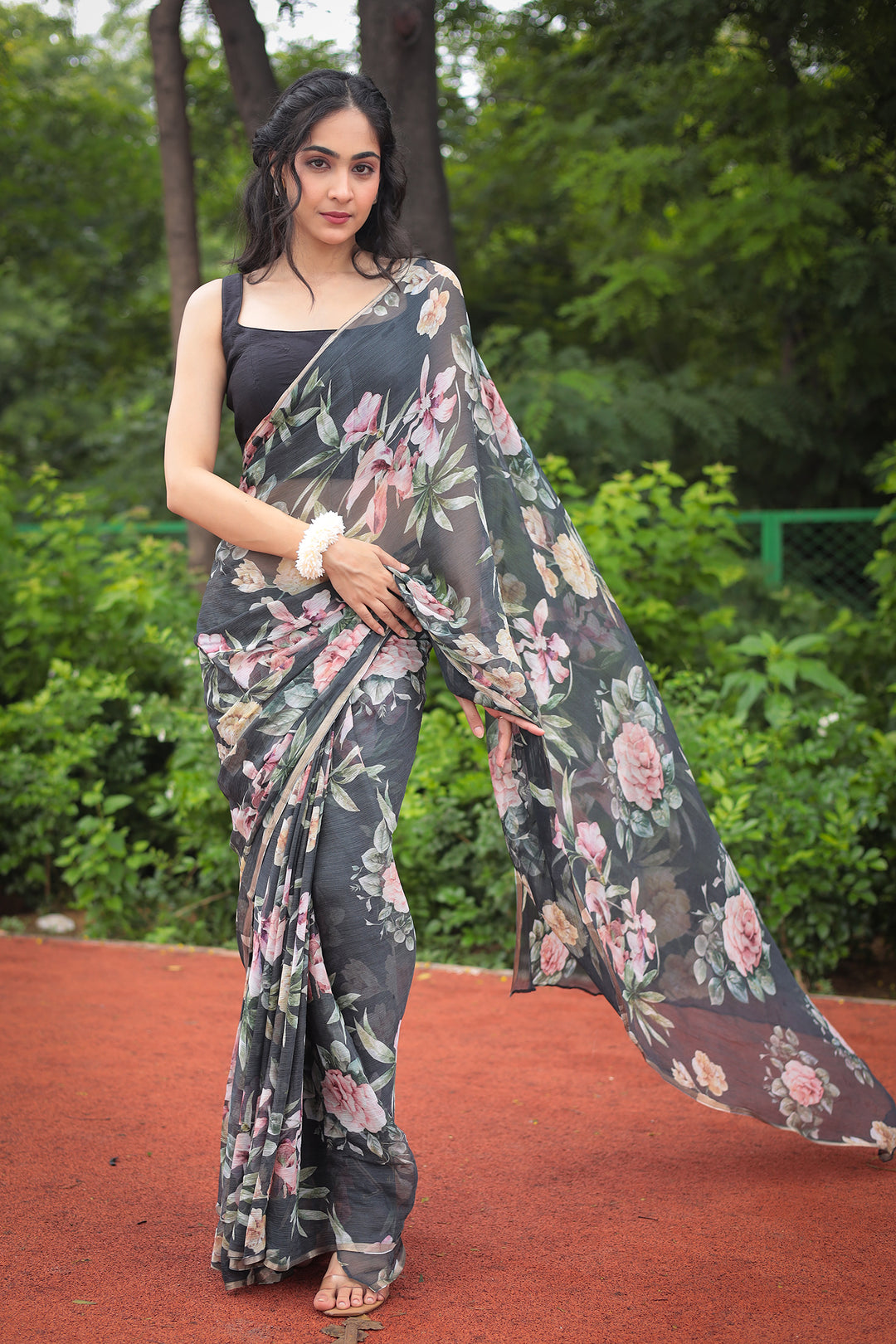 chiffon saree, summer saree, printed saree, floral print saree,