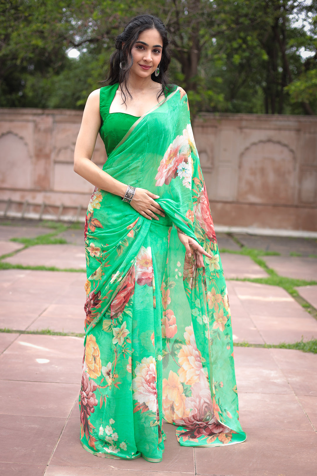 chiffon saree, summer saree, printed saree, floral print saree,