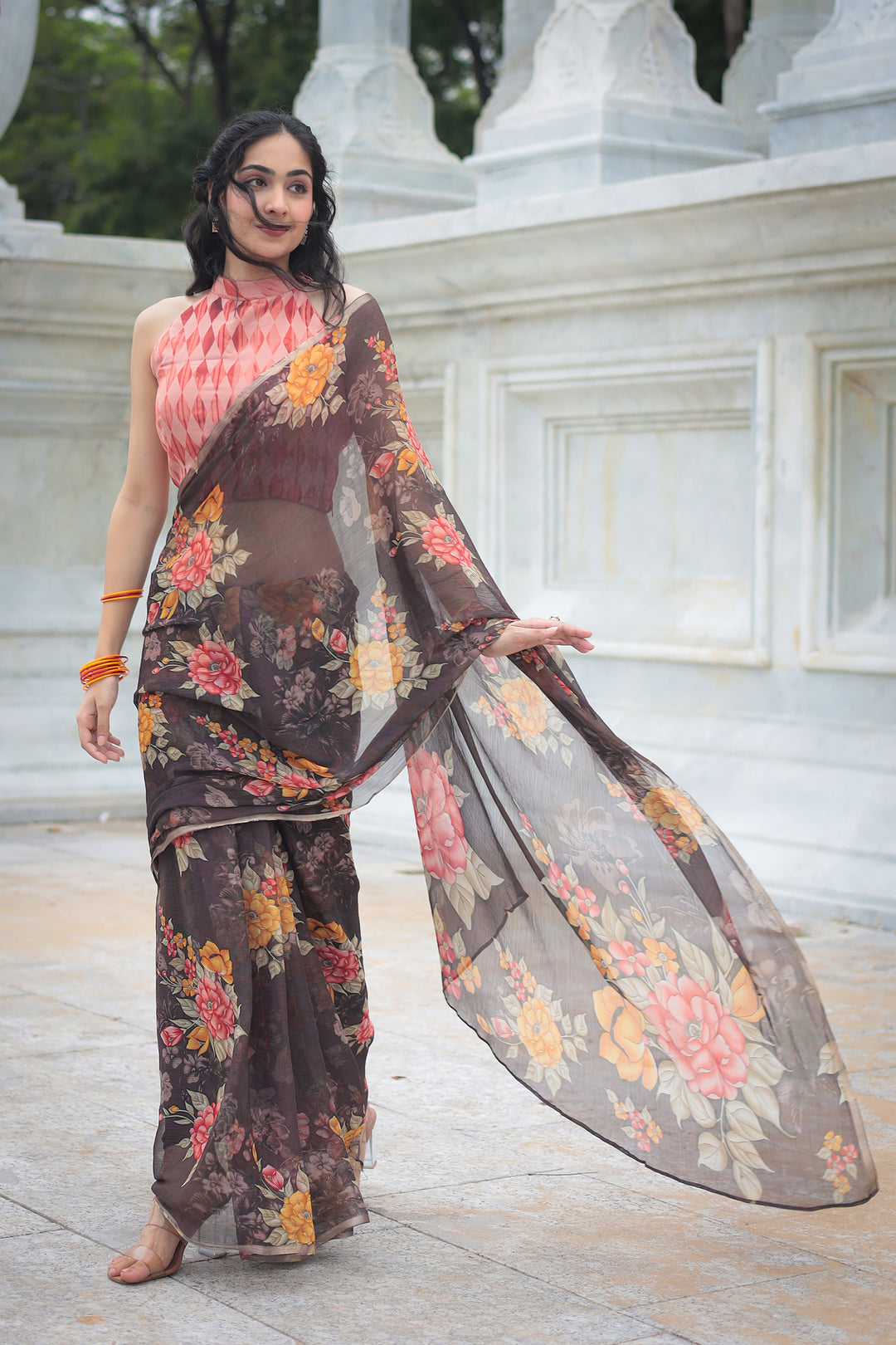 Floral Printed Chiffon Saree