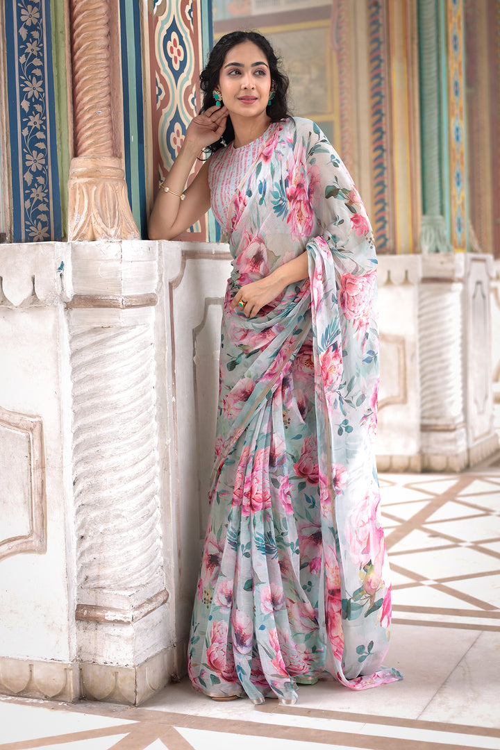 chiffon saree, summer saree, printed saree, floral print saree,