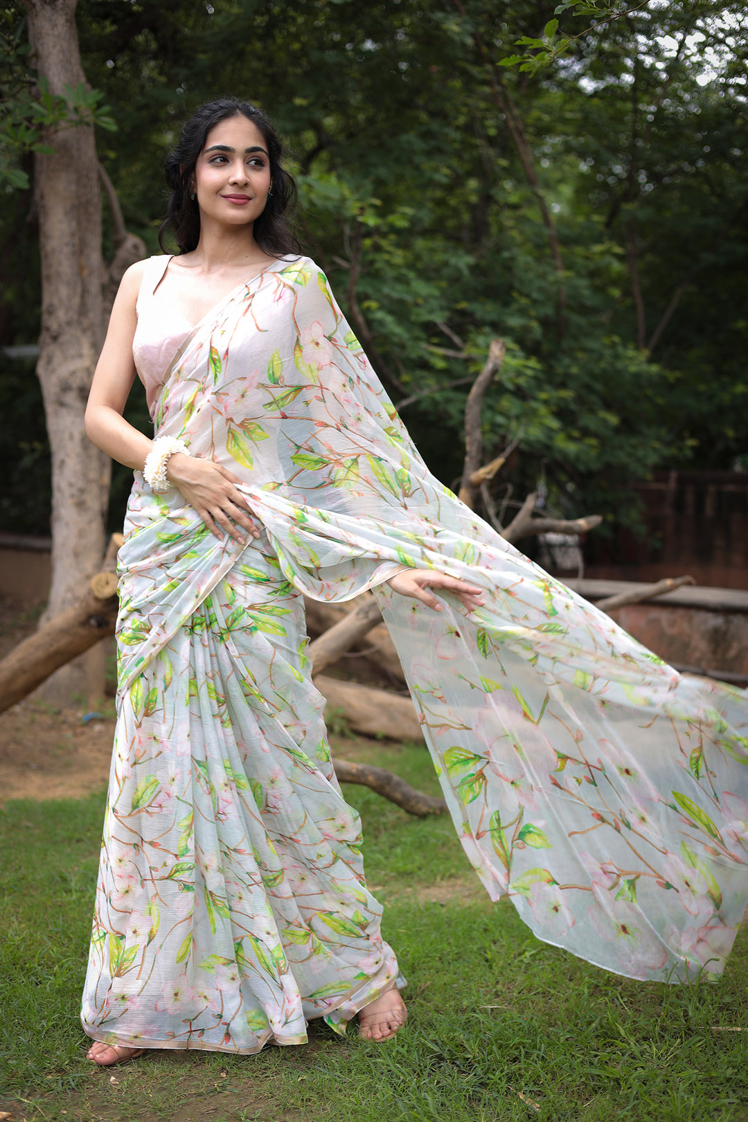 chiffon saree, summer saree, printed saree, floral print saree