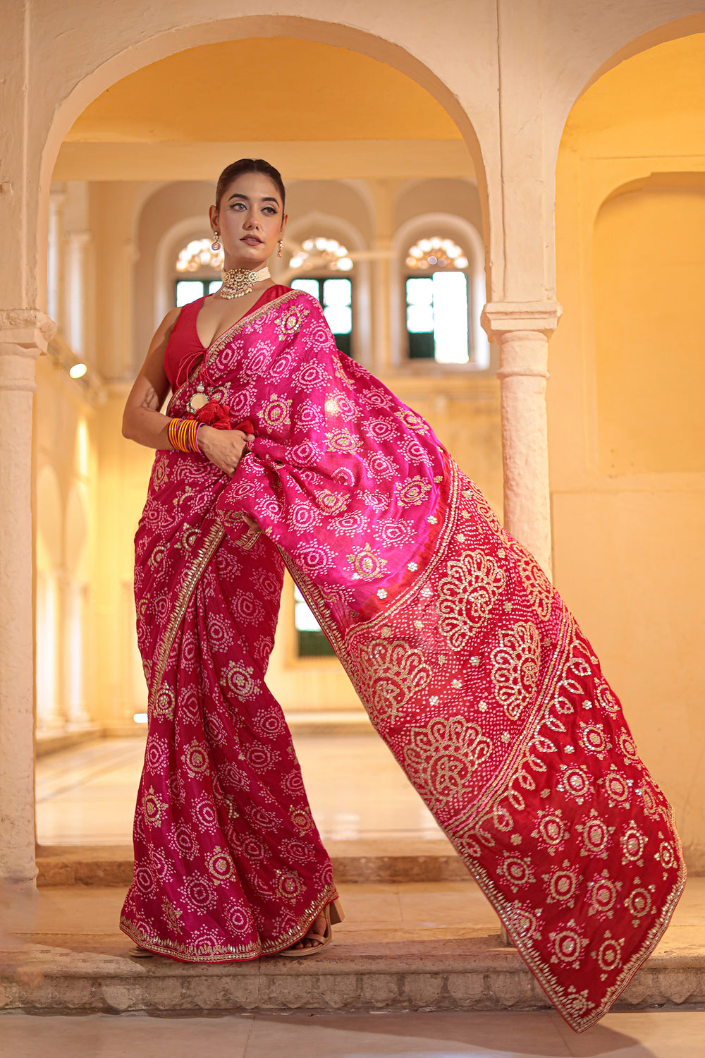 Bridal Red Banarsi selling Silk Saree Zari Embroidery Bandhani Saree Jaipuri Bandhej Ombre From Rajasthan