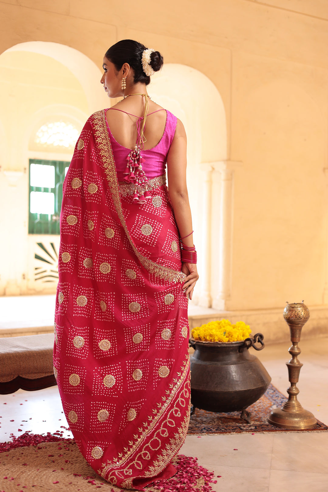 Bandhej Gajji Silk Saree with Dori and Gota Patti work