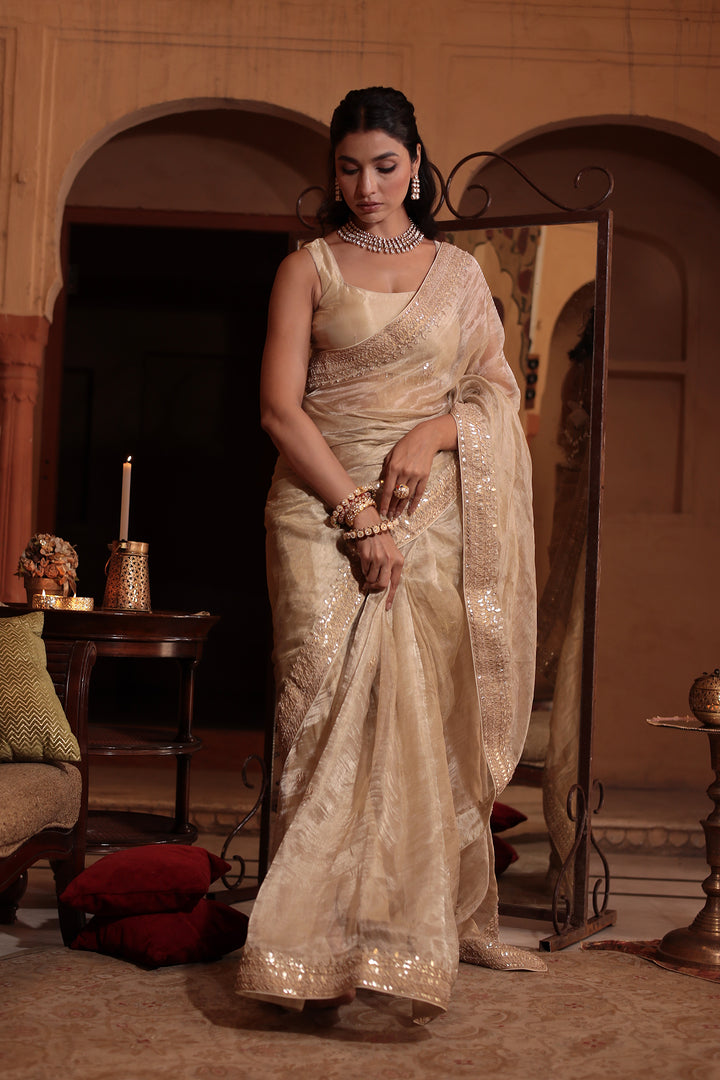 Tissue Saree Embroidered with Dori, Gota Patti and Pearl work