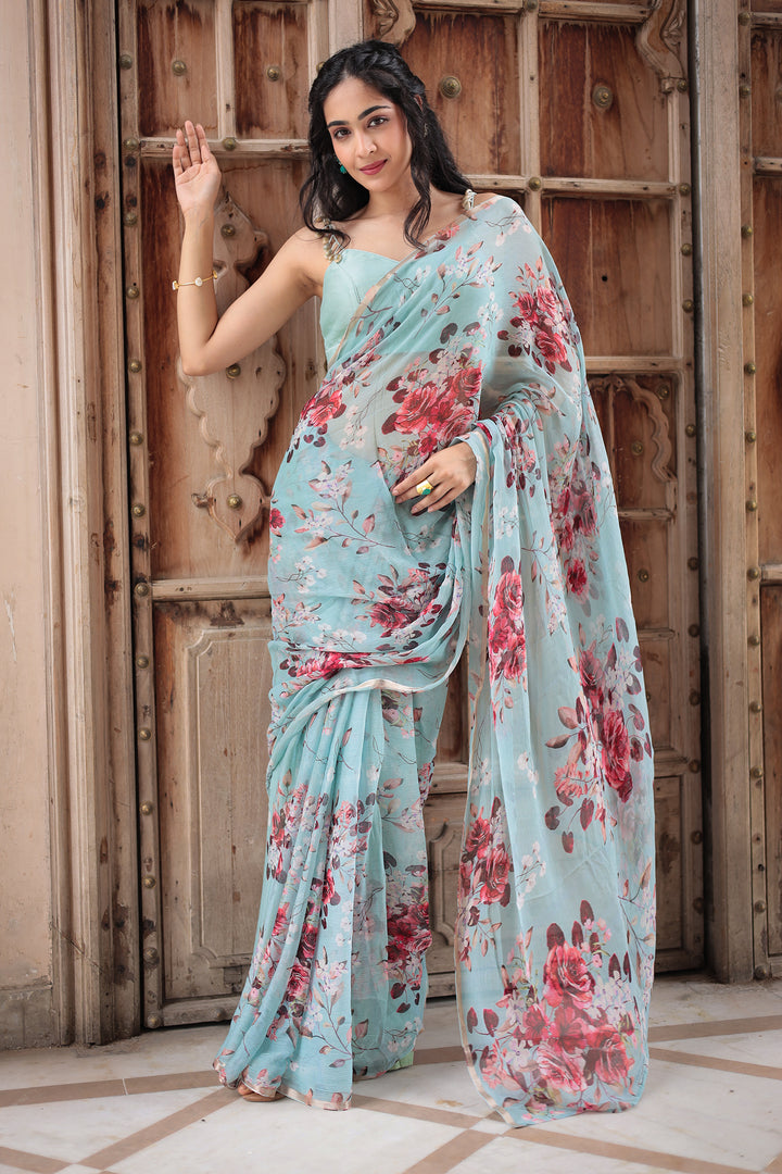 chiffon saree, summer saree, printed saree, floral print saree,