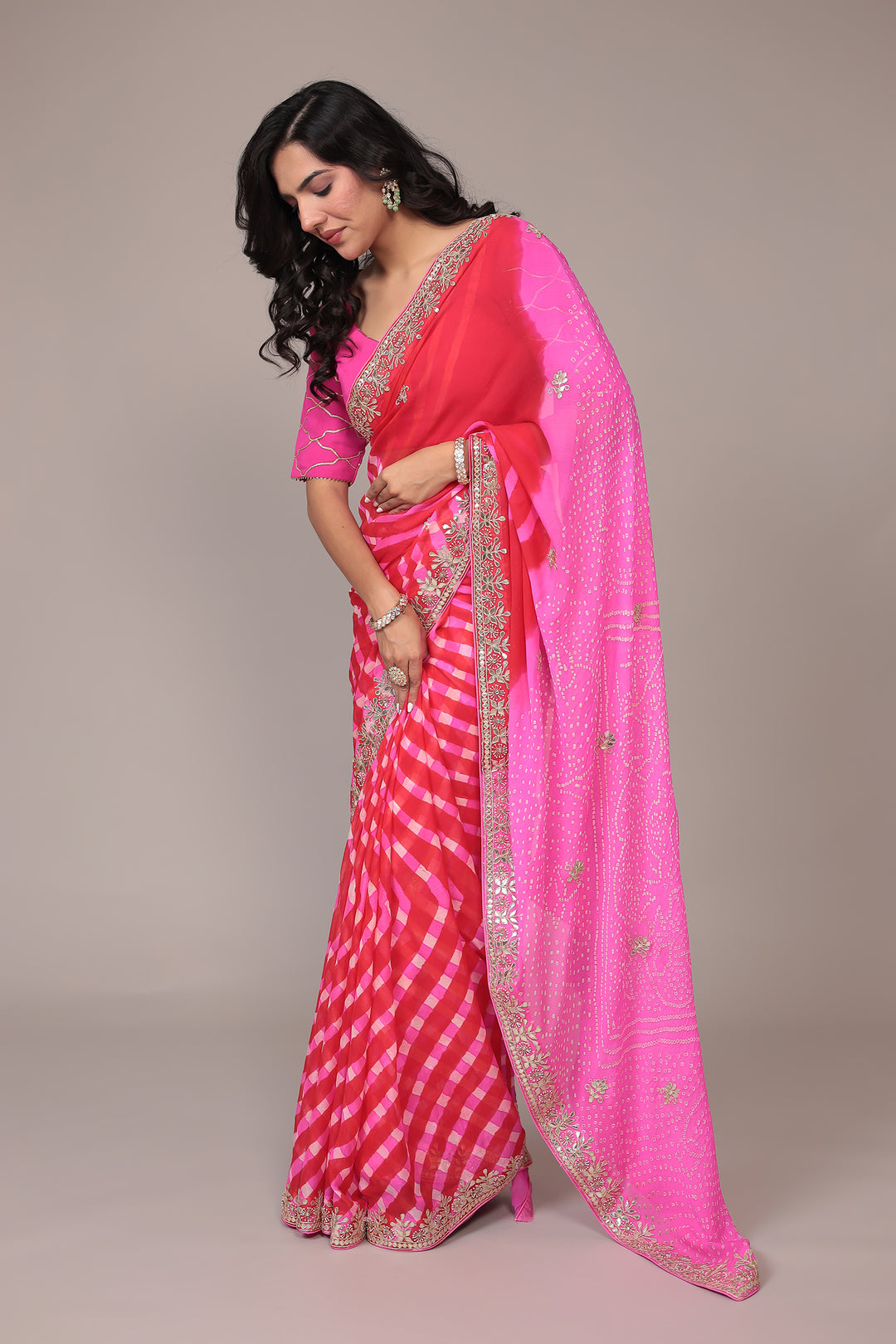 Leheriya Bandhej Georgette Saree Embellished with Gota Patti work