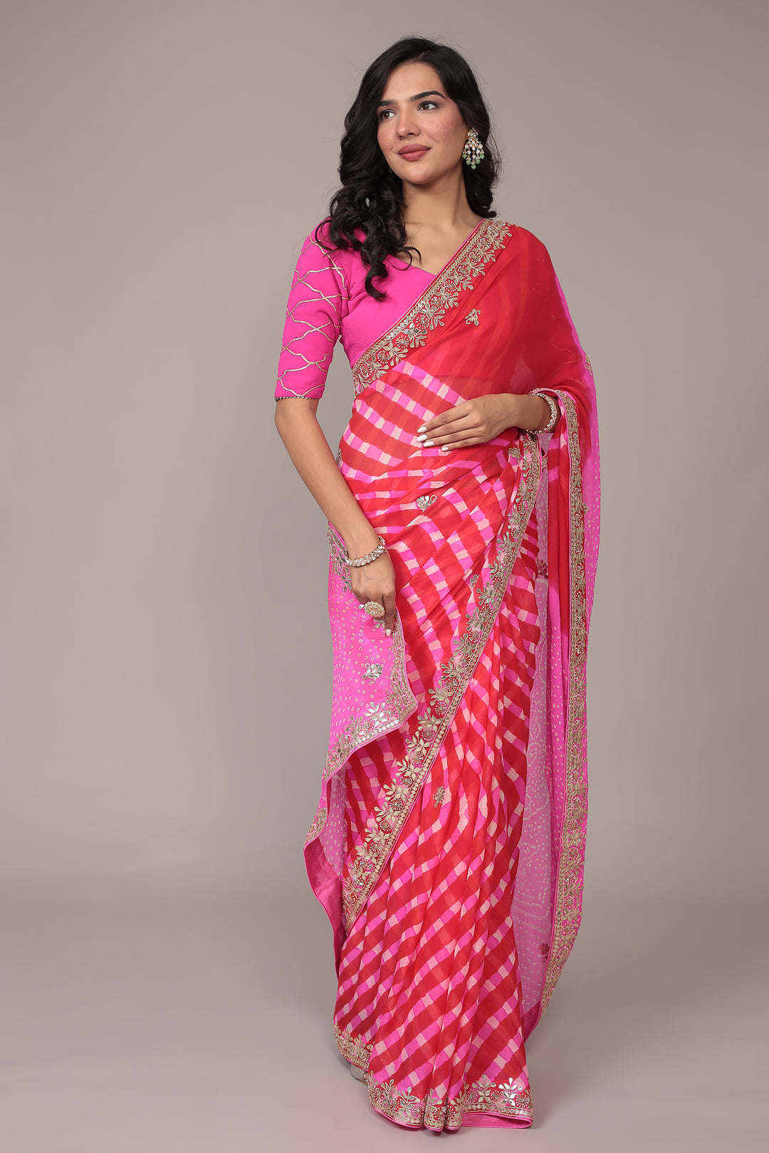 Leheriya Bandhej Georgette Saree Embellished with Gota Patti work