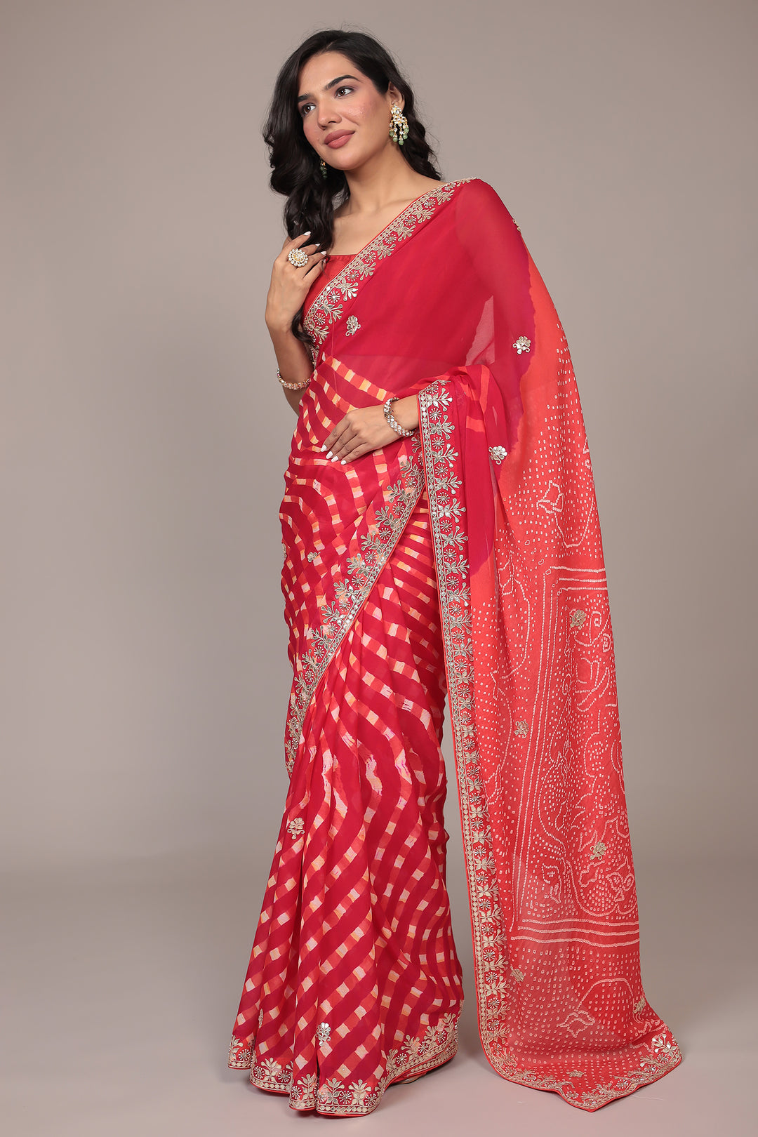 Leheriya Bandhej Georgette Saree Embellished with Gota Patti work