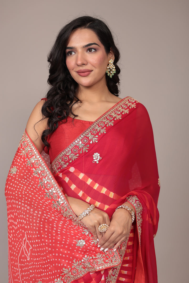 Leheriya Bandhej Georgette Saree Embellished with Gota Patti work