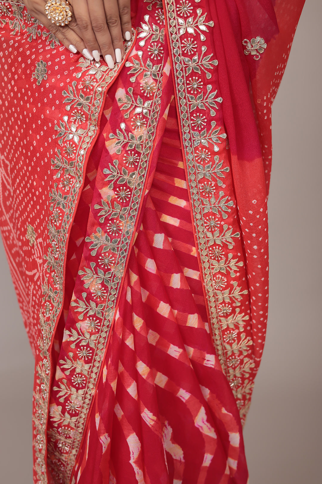 Leheriya Bandhej Georgette Saree Embellished with Gota Patti work