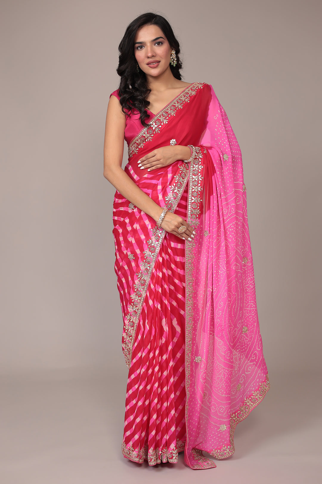 Leheriya Bandhej Georgette Saree Embellished with Gota Patti work