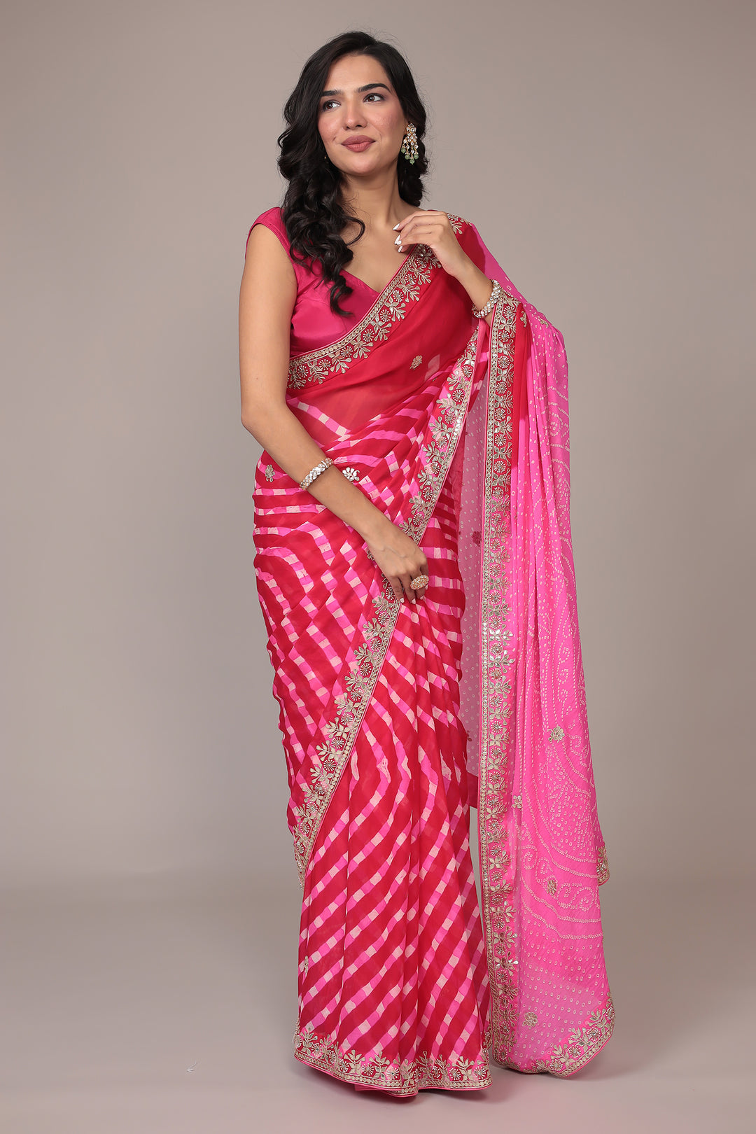 Leheriya Bandhej Georgette Saree Embellished with Gota Patti work