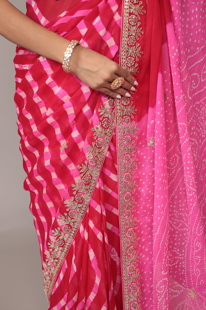 Leheriya Bandhej Georgette Saree Embellished with Gota Patti work