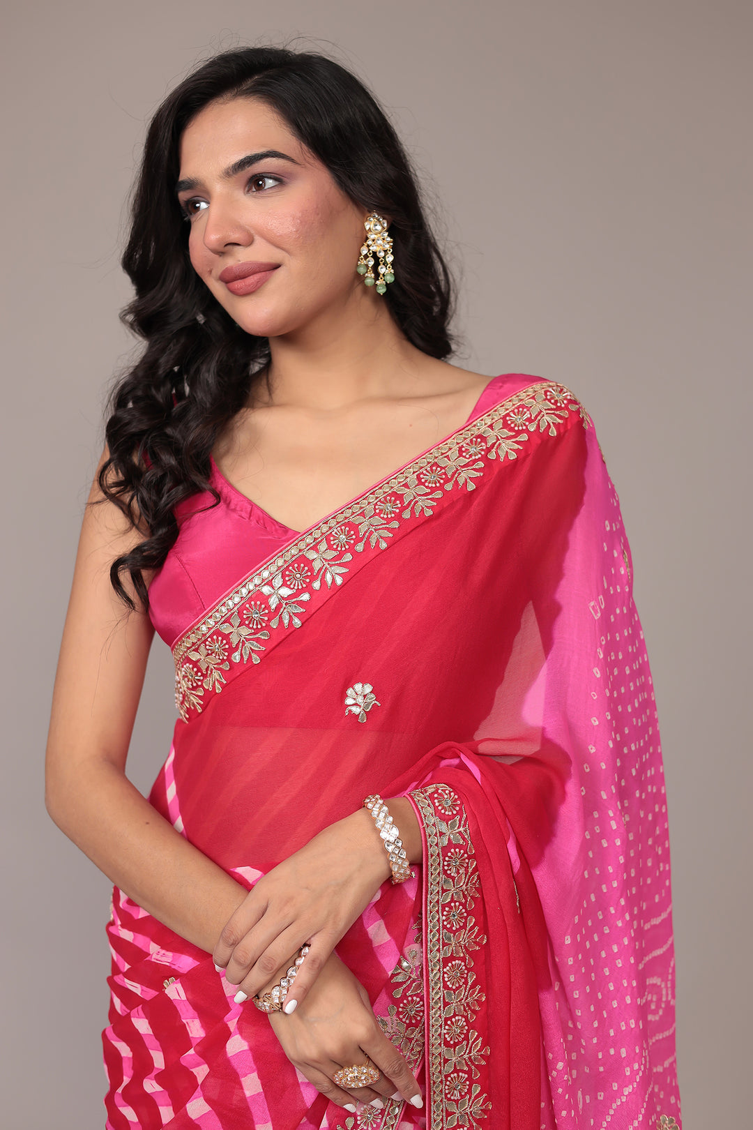 Leheriya Bandhej Georgette Saree Embellished with Gota Patti work