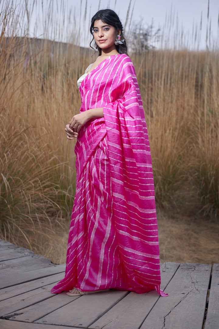 Yellow Tussar Silk Saree in Leheriya Print